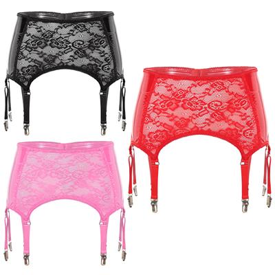 Women‘s Flower Lace PU Leather Garter with 6 Metal Clips Stocking Holder Suspender Belt Lingerie