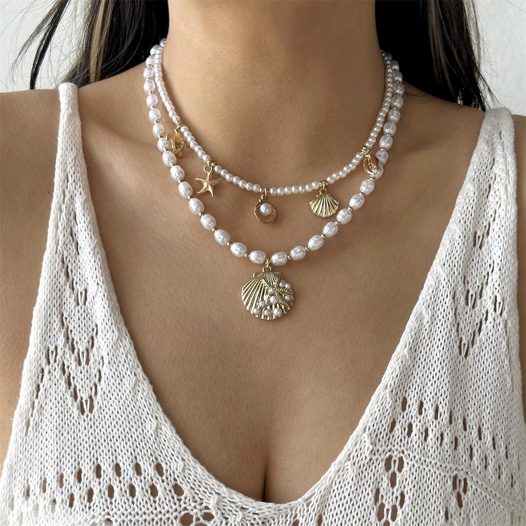 Boho Starfish Shell Conch Seahorse Lobster Pendant Necklace For Women Men Irregular Imitation Pearl Ocean Beach Choker Jewelry
