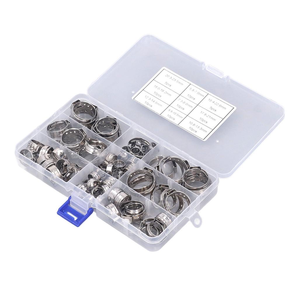 80PCS Hose Clip Assortment Kit Stainless Steel Single Ear Pipe Clamps with Clamping Pliers
