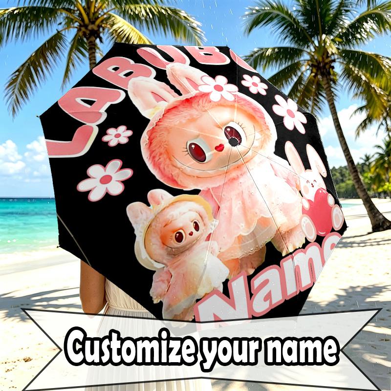 Custom Name Personalized Labubu Print Umbrella, Auto Open Close, 8‑Rib Sturdy Frame, Commute Camping Hiking Use, Birthday Gift