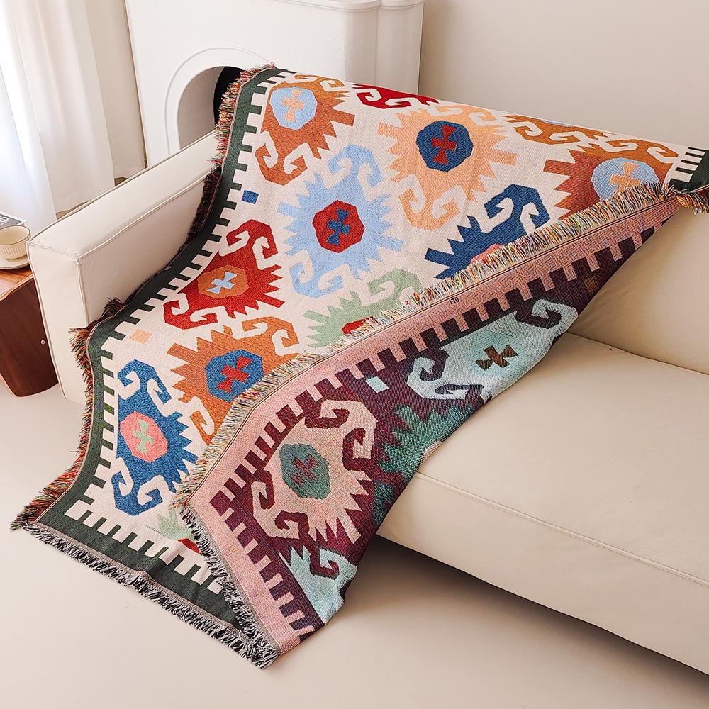 Sofa Blanket,  Boho Throw Blanket with Fringe, Southwestern Geometric Tapestry Vintage Woven Throw Blankets, Double-Side