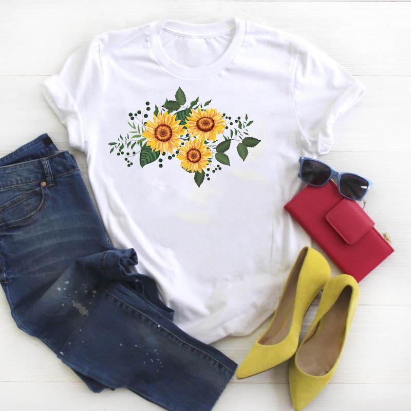 

2023 Women T-Shirt Floral Graphic Top Female Tshirt Summer Wild Plant Tees Ladies Tshirts Short Sleeve Streetwear White Clothes XL білий