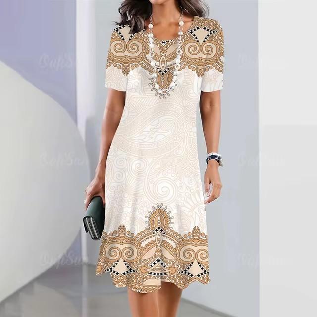 Elegante Abito Midi da Donna a Maniche Corte Moda Stampa 3D Taglie Forti Abbigliamento da Spiaggia
