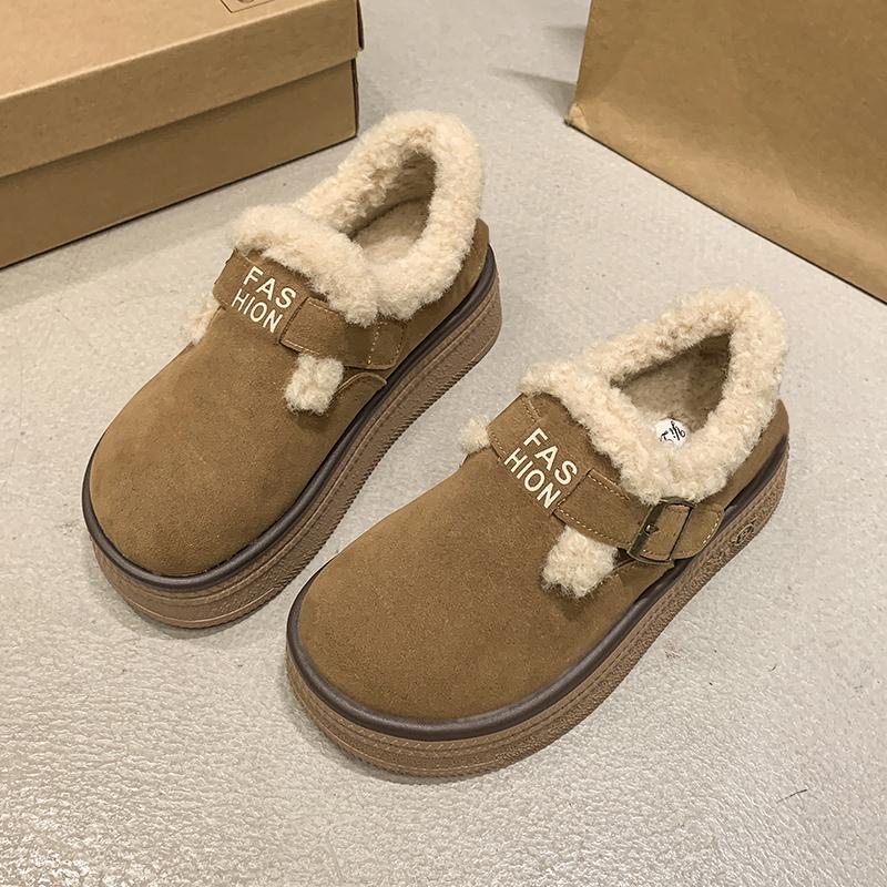 Fashion New Non-slip Winter Warm Short Plush Women's Shoes Outdoors Flat with 2024 Hot Sale Outdoors Buckle Round Head Ladies Shoes
