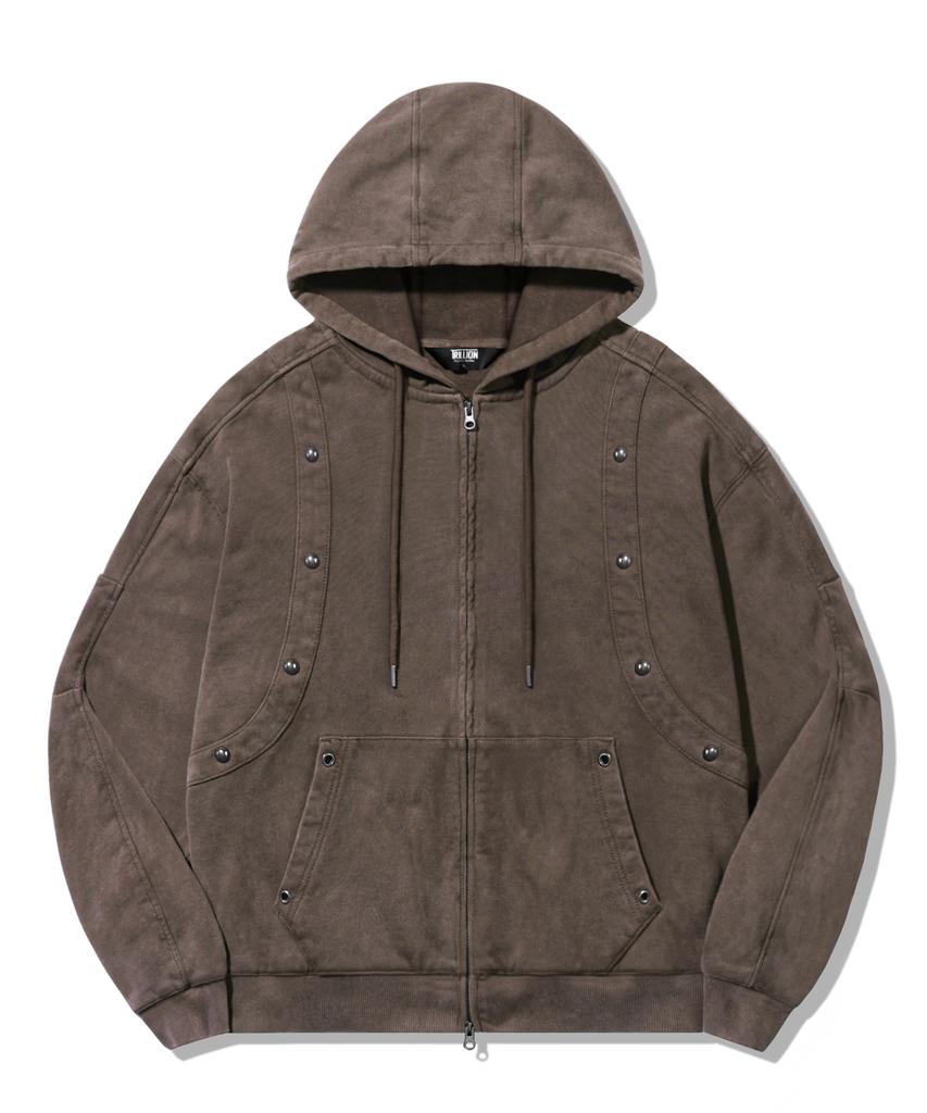 Trillion Vintage Studded Pigment 2-Way Zip-Up Hoodie_Brown