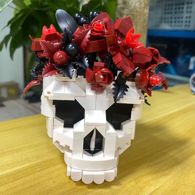 Moc Skull Roses Bouquet Building Set Skeleton Flowers Plant Pot Blocks Gothic Home Decor Assembly Bricks Toys For Adult Gift