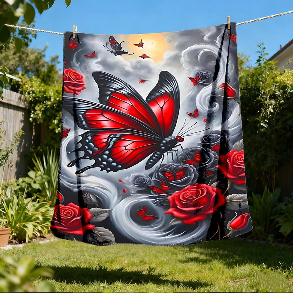 1pc Butterfly Roses Outdoor Blanket - Lightweight Flannel Throw For Travel, Camping, Gifts For Family Or Friends yy251114255