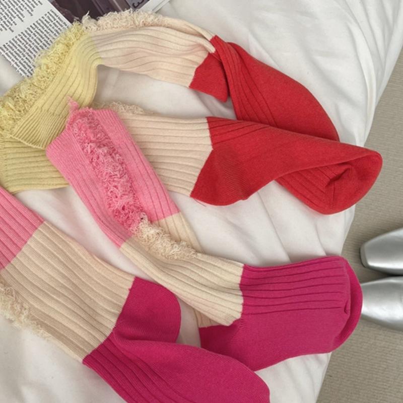 Women Men Ripped Destroyed Crew Socks Harajuku Personality Hollow-Out Holes Tassel Colorblock Cotton Calf High Socks