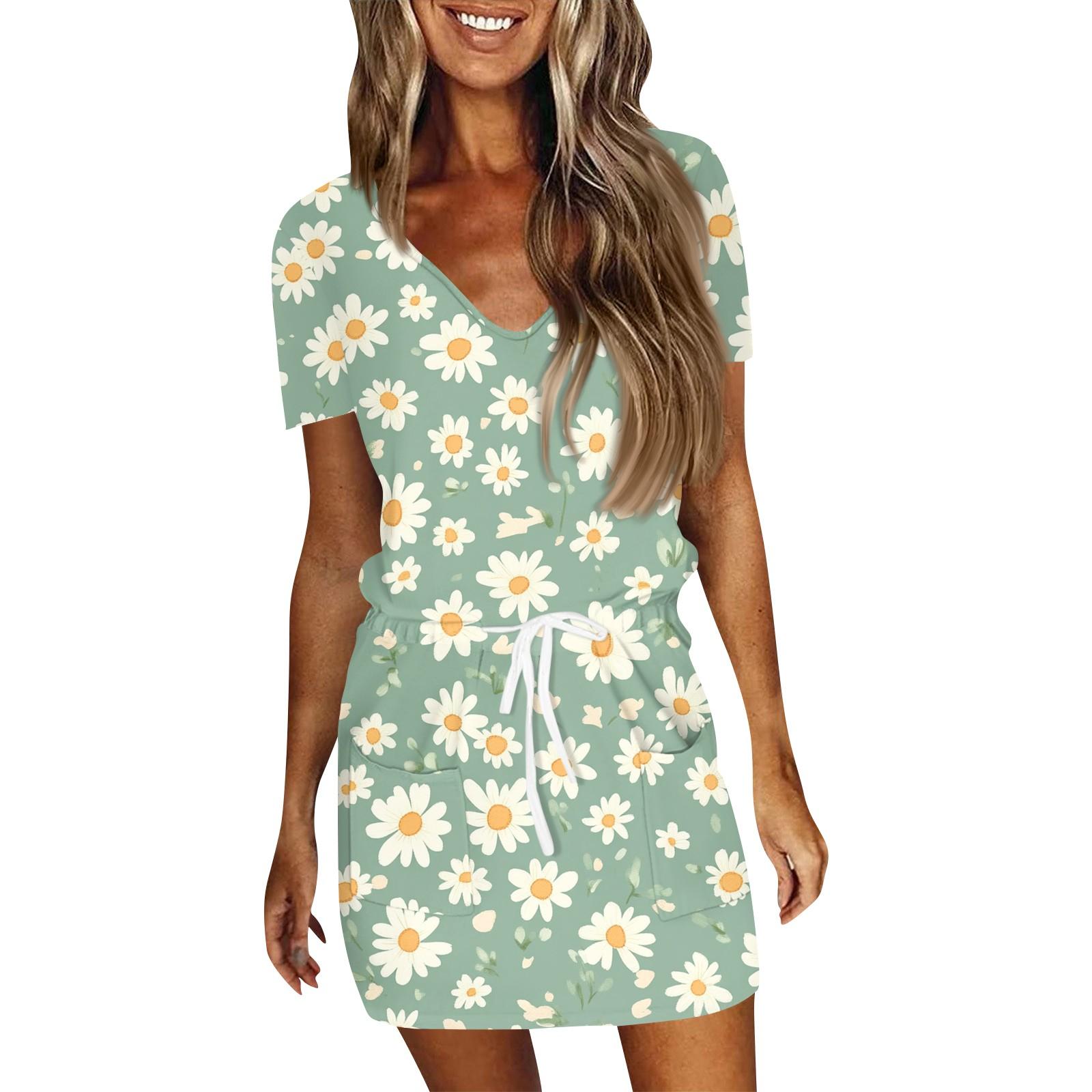 

Женское летнее повседневное модное однотонное платье с V-образным вырезом и короткими рукавами на шнуровке M зелёный