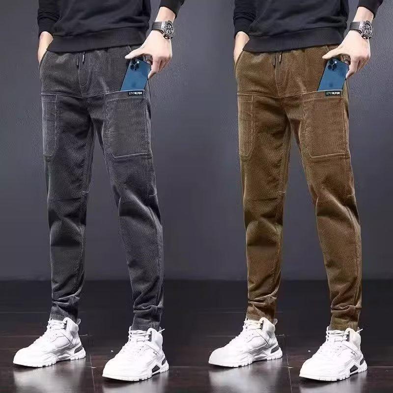 Corduroy Casual Pants For Men Fleece-lined Warm Striped Velvet Multi-pocket Slim Fit Straight Leg Pants