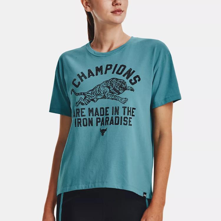 Under Armour Project Rock Johnson Letter Print Pullover Crew Neck Short Sleeve T-Shirt Women tops Glacier-Blue 1376918-433