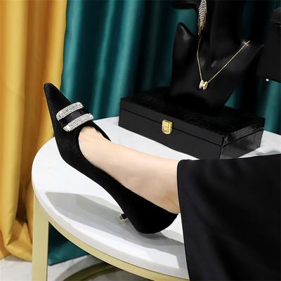 Fashion Women High Heels Shallow Rhinestone Buckle Pointed Toe Party Low Heels Pumps Velvet Wedding Evening Bling Crystal Shoes