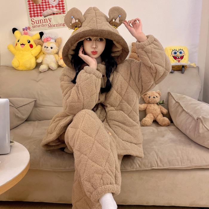 

2025 Women s Winter Plush Pajamas Set: Thickened Fleece-Lined, Three-Layer Quilted Home Wear for Autumn/Winter. Extra Large