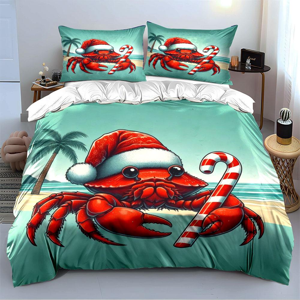 Christmas Crab with Candy Cane Bedding Duvet Cover Set (1*Duvet Cover 2*Pillowcases, Without Duvet Insert)