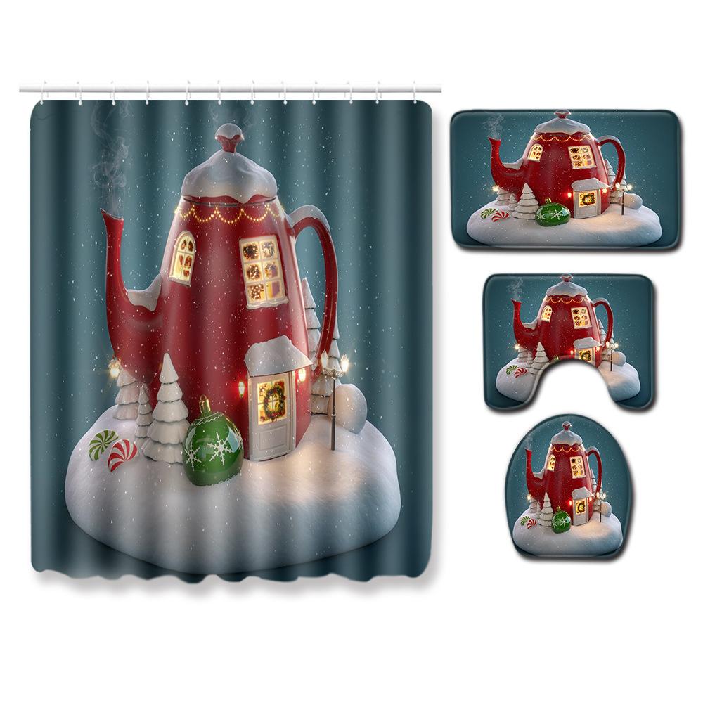 Christmas Elements Bathroom Shower Curtain Floor Mat Toilet Cover Foot Mat Four-Piece Pattern Size