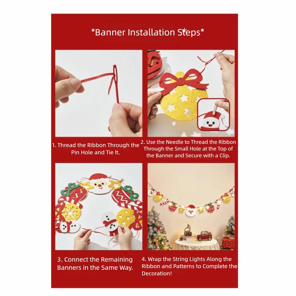 Felt Christmas Banner Elk Design Red Green Xmas Pull Flag Santa Design Hanging Ornament Party Banner New Year Party