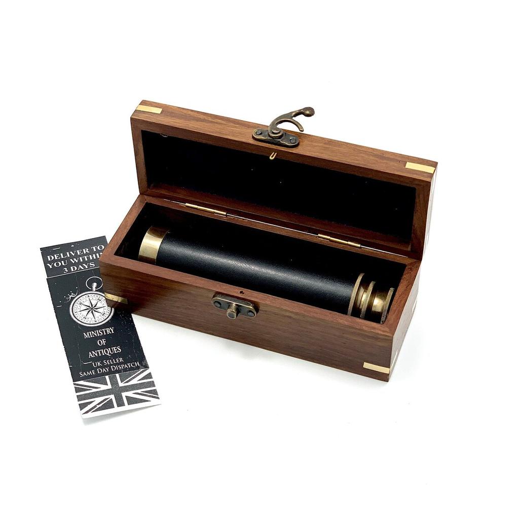 Antique Design Telescope Handheld, Wooden Box Optic Nautical Pirate Scope Spyglass, Leather Covered Telescope with Anchor Engraved Box