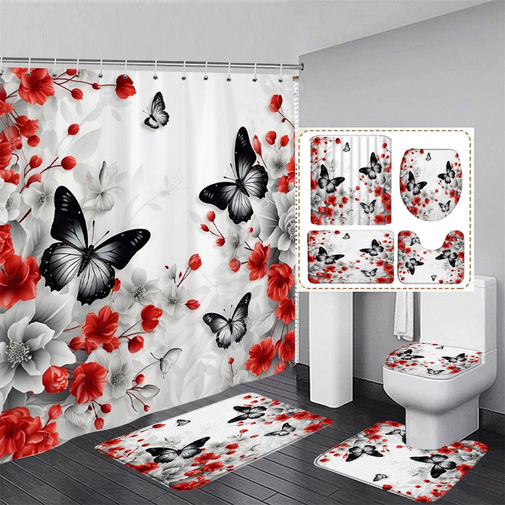 Floral Blue Butterfly Shower Curtain Set Purple Flowers Plant Butterflies Pattern Home Bathroom Decor Bath Mats Toilet Lid Cover