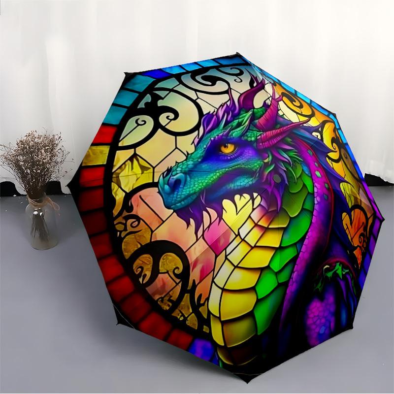 1pc Stained Glass Dragon Folding Umbrella | Elegant Design, Fashionable Accessory, Durable Construction, Sturdy Ribs yy251107002