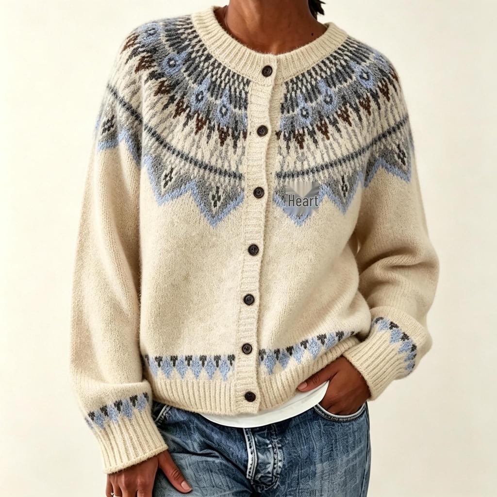 Women's 2026 Autumn/Winter Jacquard Knit Round Neck Snowflake Cardigan Sweater with Horn Buttons