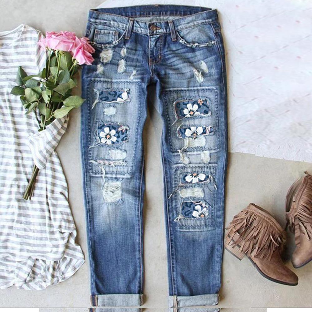 Women's Mid Rise Straight Leg Distressed Jeans Loose Fit Commuter Denim Pants Floral Patch Print Micro Stretch Vintage Washed Long Trousers For Autumn
