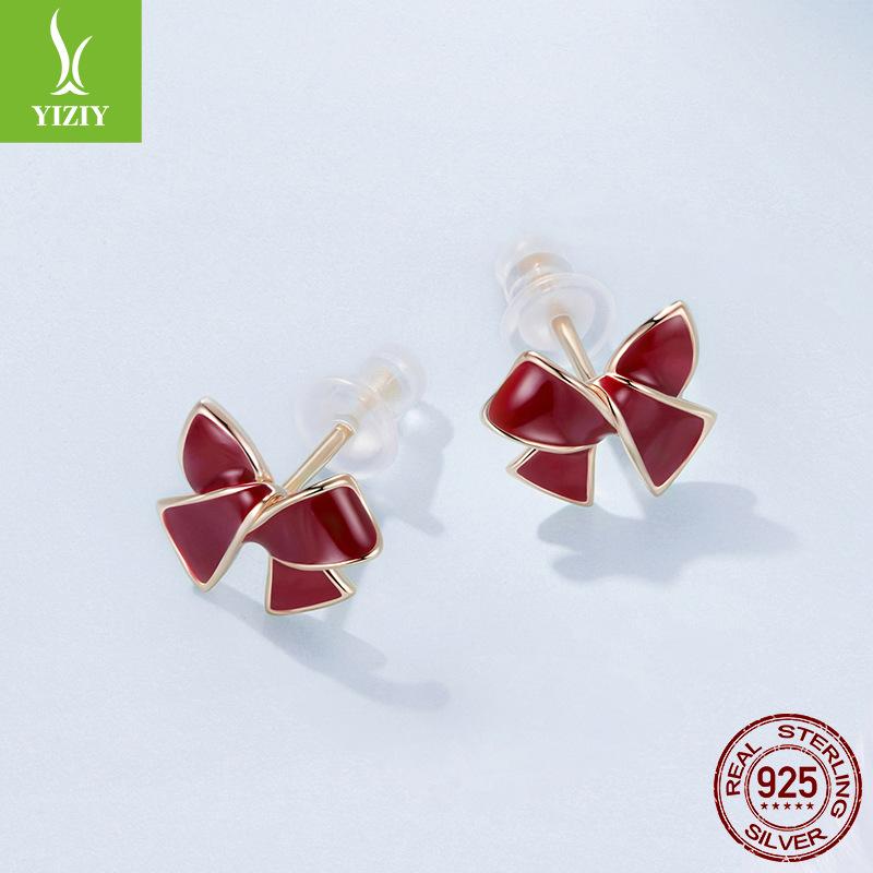 Burgunder Schleifenstecker Exquisit und Elegant S925 Sterlingsilber Hongkong Stil Stecker