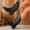 Fashion British Style Embroidered Solid Black Mid Heel Knight Boots 2025 Autumn New Pointed Back Zipper Western Mid-Calf Boots for Women