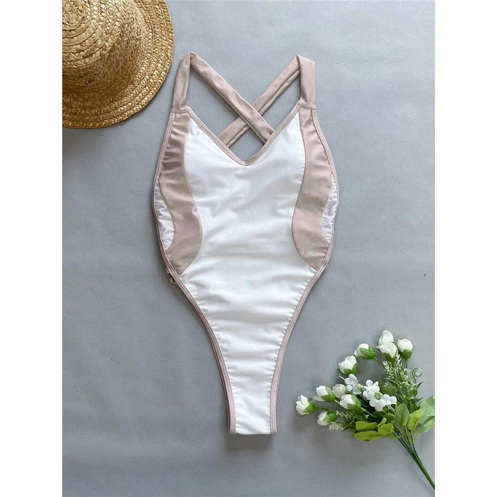Sexy Splicing V Neck Cross Back Women Swimwear One Piece Swimsuit Female High Leg Cut Monokini Bather Bathing Suit Swim