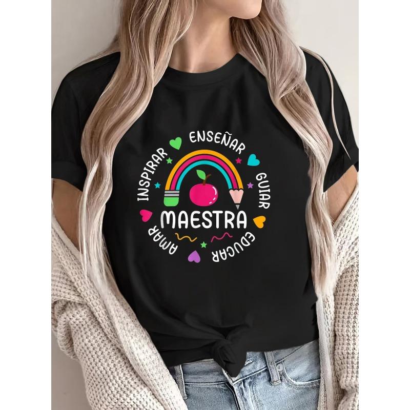 European Size Women's Maestra Teacher-Themed T-Shirt - Rainbow Apple & Apple Pencil Print Casual Short Sleeve Top