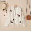 ZANZEA Damen Freizeit V-Ausschnitt Locker Langarm Print Strickjacke Bluse