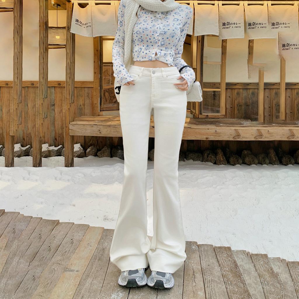 American Spice Girl retro white slim-fitting flared pants slim elastic versatile drape autumn and winter jeans women