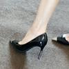 2025 Summer New Metal Pointed Black Patent Leather Silver Iron Head Side Air Temperament Commuting Thin Heel High Heel Single Shoes