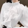Ruffles Lace Women Blouse Elegant White Woman Shirt Stand Collar Button Chiffon Shirts Long Puff Sleeve Fashion Loose Tops 12946
