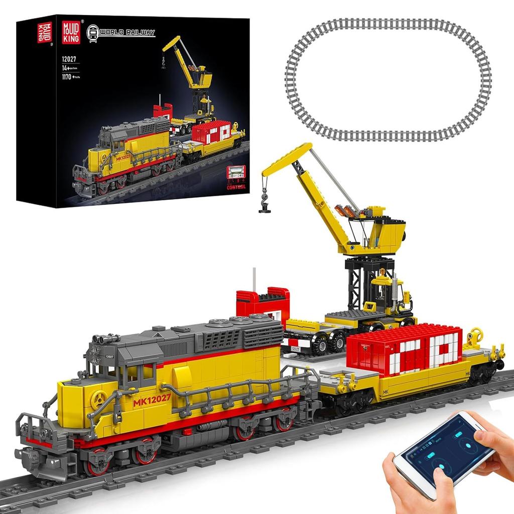Mould King 12027 MOC Remote Control EMD SD40-2 Diesel Locomotive Railroad Train Building Block Set Kit 1170 Railroad Freight Cargo Car
