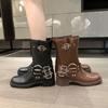 High Quality Ladies Shoes  Autumn Winter New Women's Western Cowboy Boots Retro Brown Belt Buckle Round Head High Boots