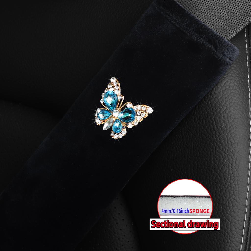 1 Butterfly Plush Set with Artificial Diamond Blingbling Soft Comfort Car Supplies Seat Belt Shoulder Cover Safety Belt