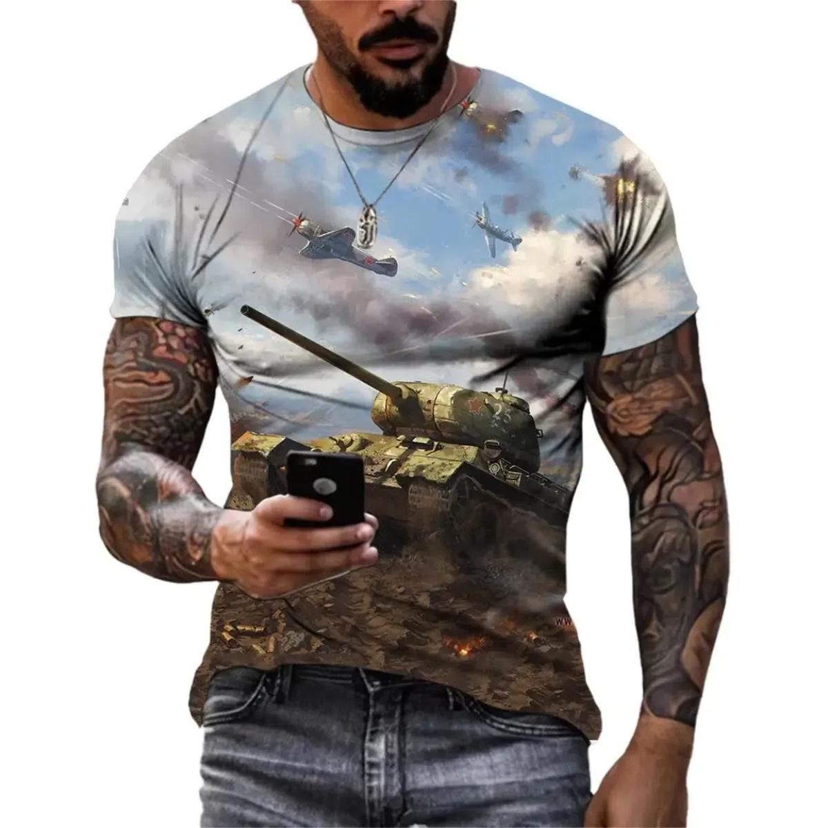 

Летний мужской прочный уличный стиль, 3D-принт, армейский танк, военный узор, О-образный воротник, короткий рукав, тренд, свободный, большого размера, дышащий топ 4XL