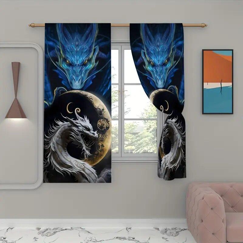 Dragon Crescent Moon Printed Curtains Pole Bag Bedroom Living Room Home Decoration Curtain For Sitting Made Of Polyester