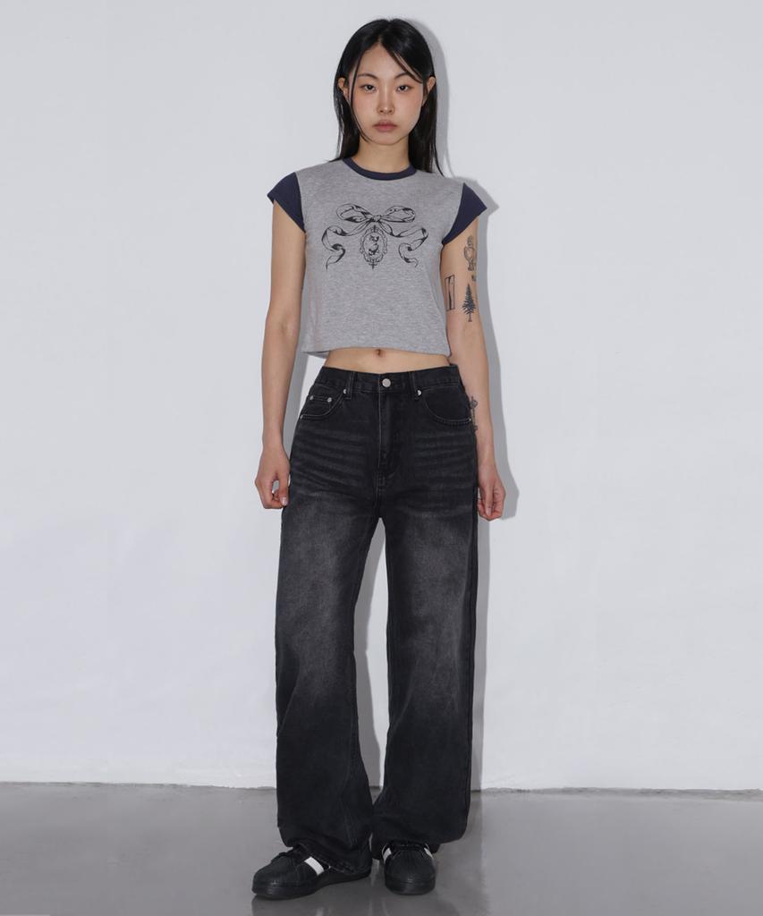CHICKS Ribbon Kitsch Color Block Cap Sleeve Tee Melange
