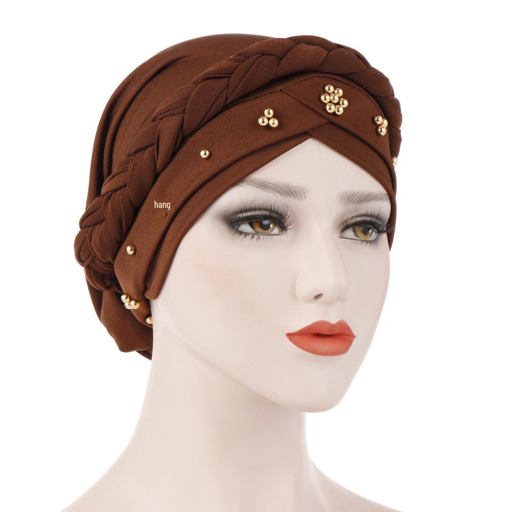 

European & American Solid Color Gold Pearl Stud Muslim Hijab Hat кавовий