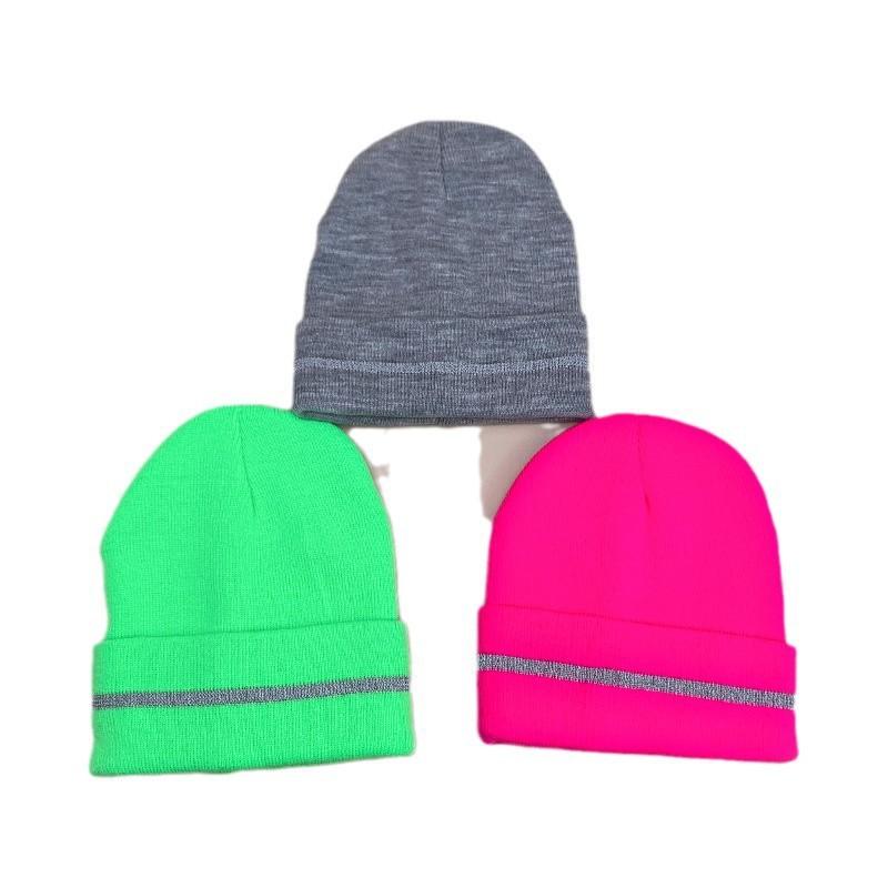 Unisex Knit Beanie With Reflective Stripes Outdoor Sports Warm Daily Wear