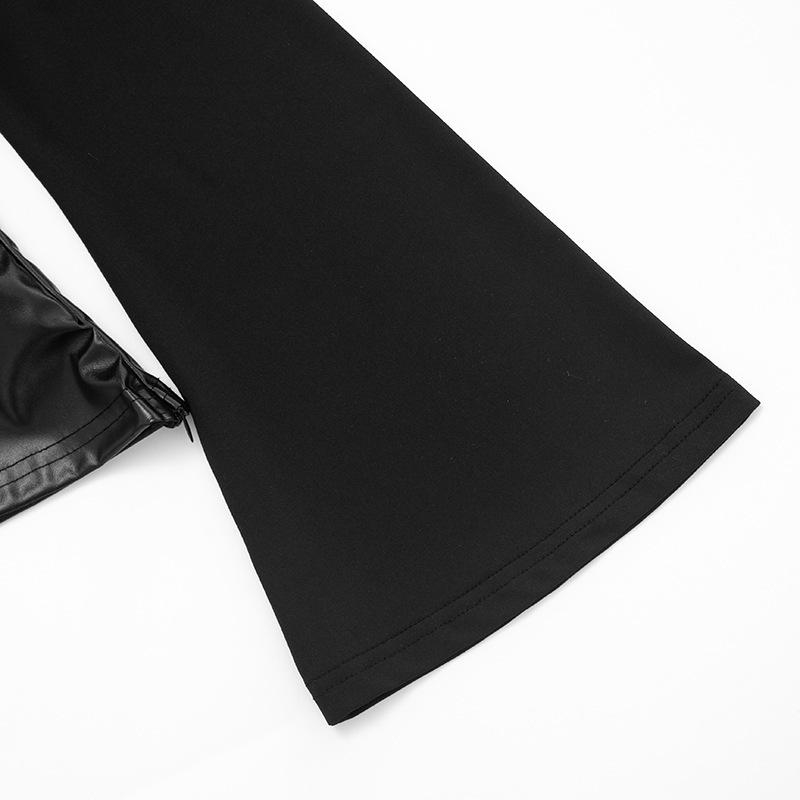 Autumn Bell Sleeve Faux Leather Patchwork Knit Top for Women