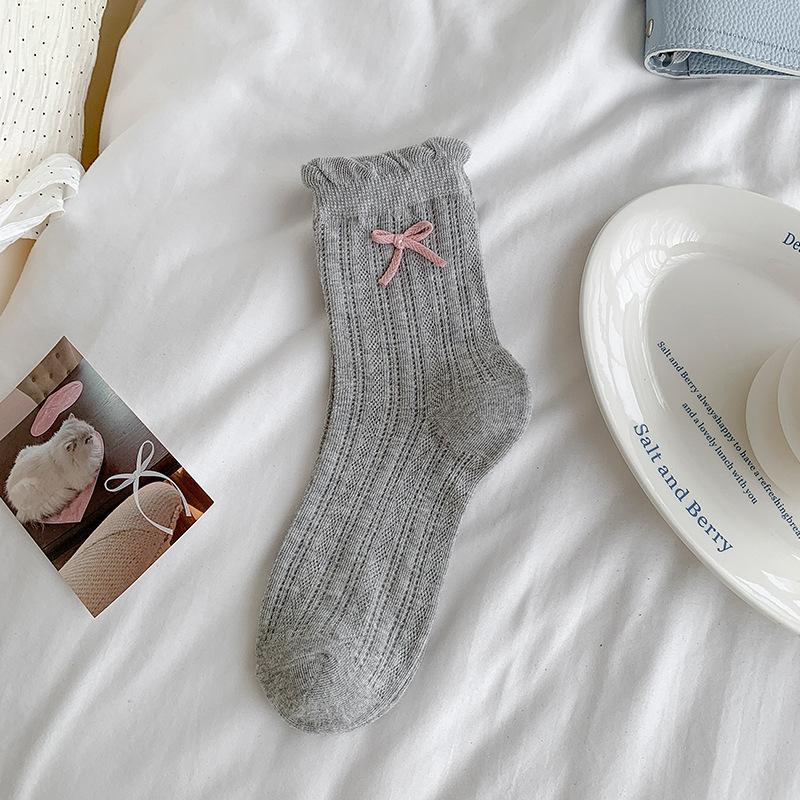 Sweet Bow Mid-calf Socks for Women, Summer Thin Mesh Hollowed-out Pile Socks, Solid Color Lace Long Socks