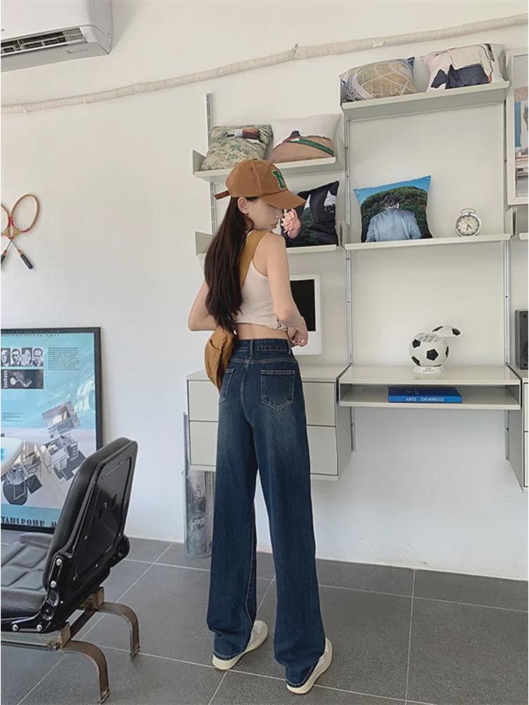 Women's High Waist Wide-Leg Jeans with Large Pockets - Korean Style, Plus Size, Straight Fit