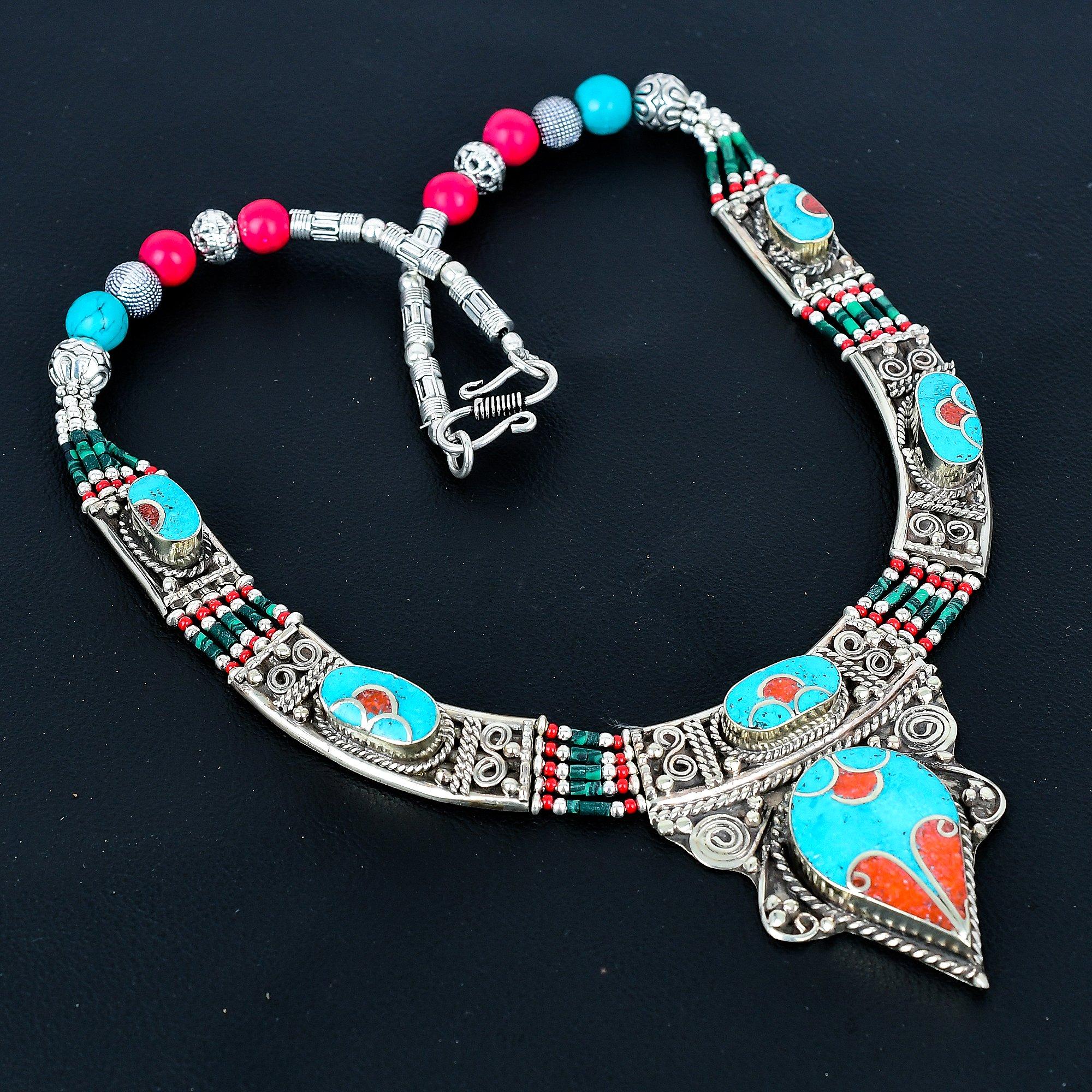 

Бирюзовый, Коралл Ожерелье из стерлингового серебра 925 пробы Тибетское серебряное ожерелье Богемное антикварное ожерелье Украшения ручной работы Непальское ожерелье Подарок для жены 20 красный