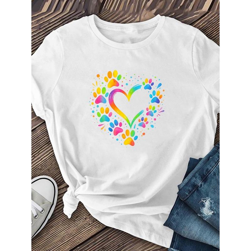 European Size Women's "Colorful Heart with Pet Claw" Print Short Sleeve, Made of Soft and Breathable Polyester Fiber with Moderate Elasticity