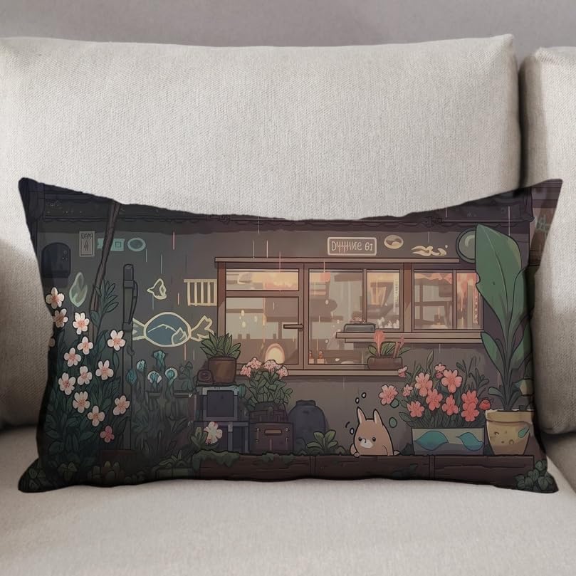 Japanese Anime Pillowcase Kawaii Cat Cute Pillow Case Green Plants Rectangular Cute Pillow Covers 20"x 30" Inch Pillowcases with Hidden Zipper Sofa