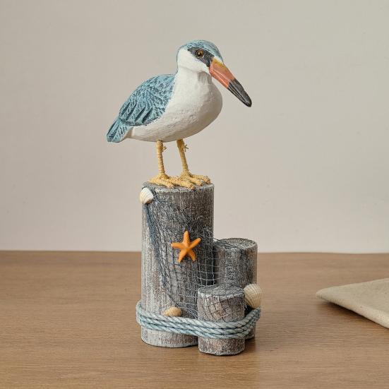 Wooden Seabird Ornaments Ocean Theme Decorative Figurine with Starfish And Hemp Rope Decor Desktop Accent for Home