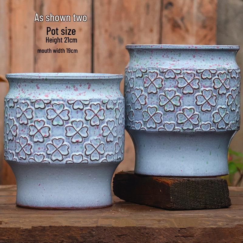 Handmade Embossed Rose Ceramic Succulent Pot, Tall Breathable Coarse Pottery, Large Mouth Plant Pot with Flower Design.