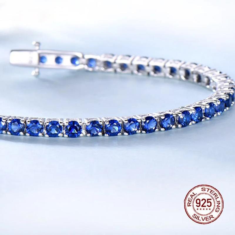 925 Sterling Silver 4mm Tennis Bracelet Sapphire Gemstone Blue Stone Bangle for Women Fine Engagement Wedding Fine Jewelry Gift